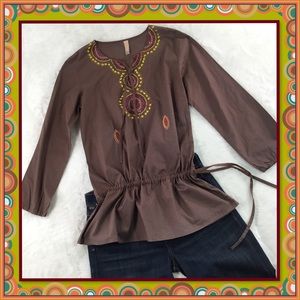FREE PEOPLE BROWN BEADED TOP WITH DRAWSTRING WAIST